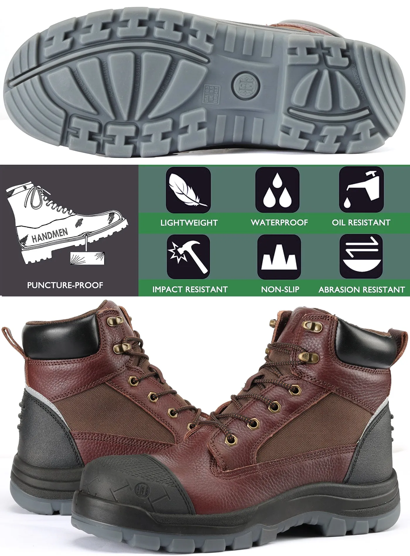 80N03 / 81N03 Soft Toe / Composite Toe 6" Waterproof Mens Work Boots, Non-Slip Puncture-Proof Safety Anti-Static Working Shoes