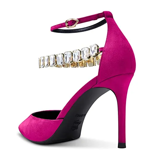 Aachcol Women Sexy Ankle Strap Stiletto High Heel Pumps Pointed Toe Dress Shoes Party Wedding Suede Magenta Red 3 Inch
