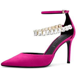 Aachcol Women Sexy Ankle Strap Stiletto High Heel Pumps Pointed Toe Dress Shoes Party Wedding Suede Magenta Red 3 Inch