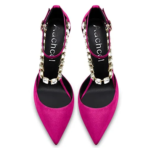 Aachcol Women Sexy Ankle Strap Stiletto High Heel Pumps Pointed Toe Dress Shoes Party Wedding Suede Magenta Red 3 Inch