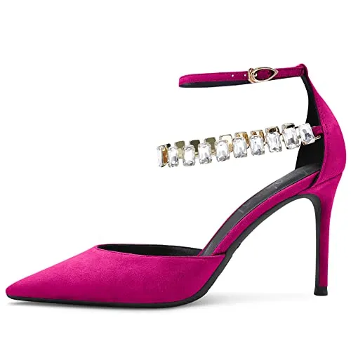 Aachcol Women Sexy Ankle Strap Stiletto High Heel Pumps Pointed Toe Dress Shoes Party Wedding Suede Magenta Red 3 Inch