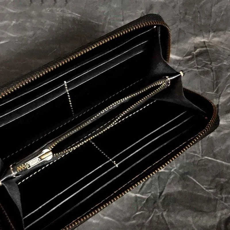 Badass Black Leather Men's Long Biker Handmade Wallet Beast Totem Tooled Zipper Long Chain Wallets For Men