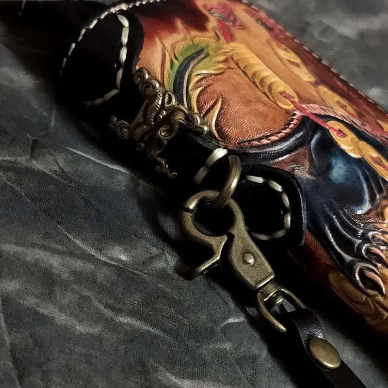 Badass Black Leather Men's Long Biker Handmade Wallet Beast Totem Tooled Zipper Long Chain Wallets For Men