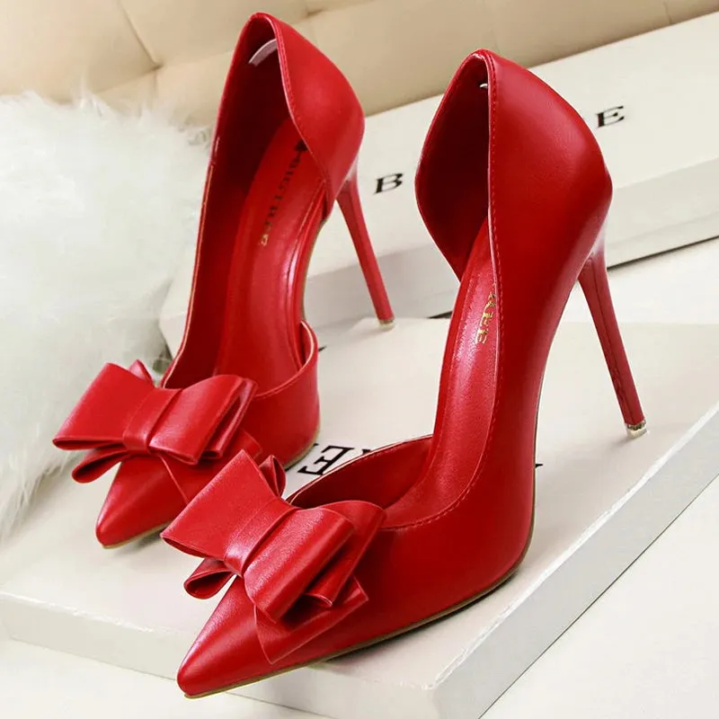 BIGTREE Pu Leather Pointed Toe Kitten Heeled Bowknot High-heeled Shoes