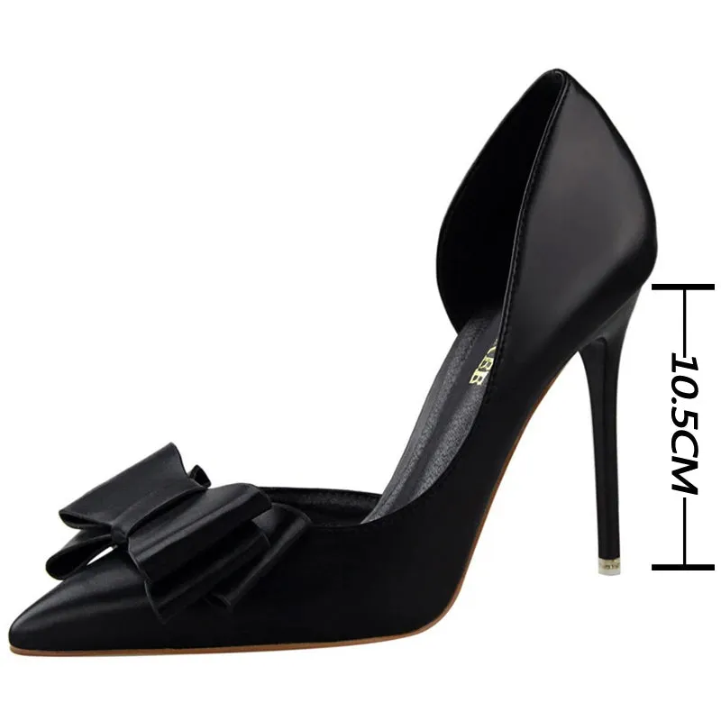 BIGTREE Pu Leather Pointed Toe Kitten Heeled Bowknot High-heeled Shoes