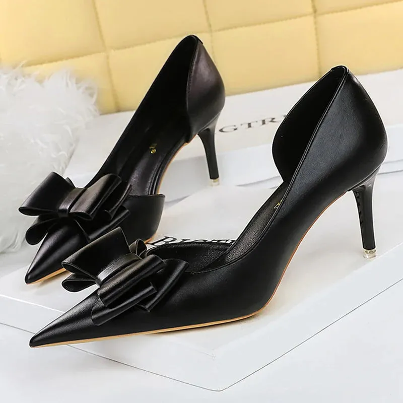 BIGTREE Pu Leather Pointed Toe Kitten Heeled Bowknot High-heeled Shoes