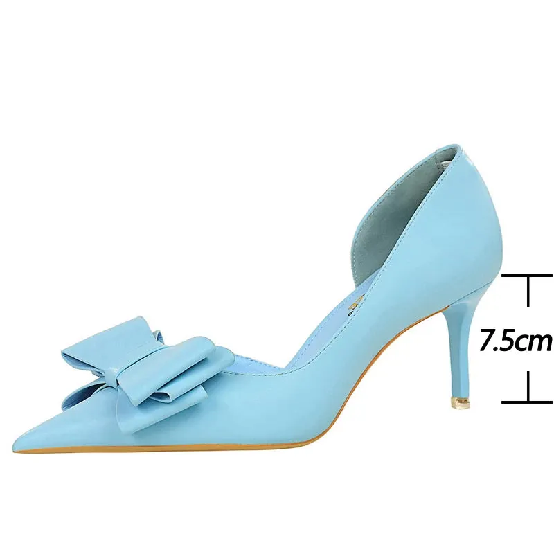 BIGTREE Pu Leather Pointed Toe Kitten Heeled Bowknot High-heeled Shoes
