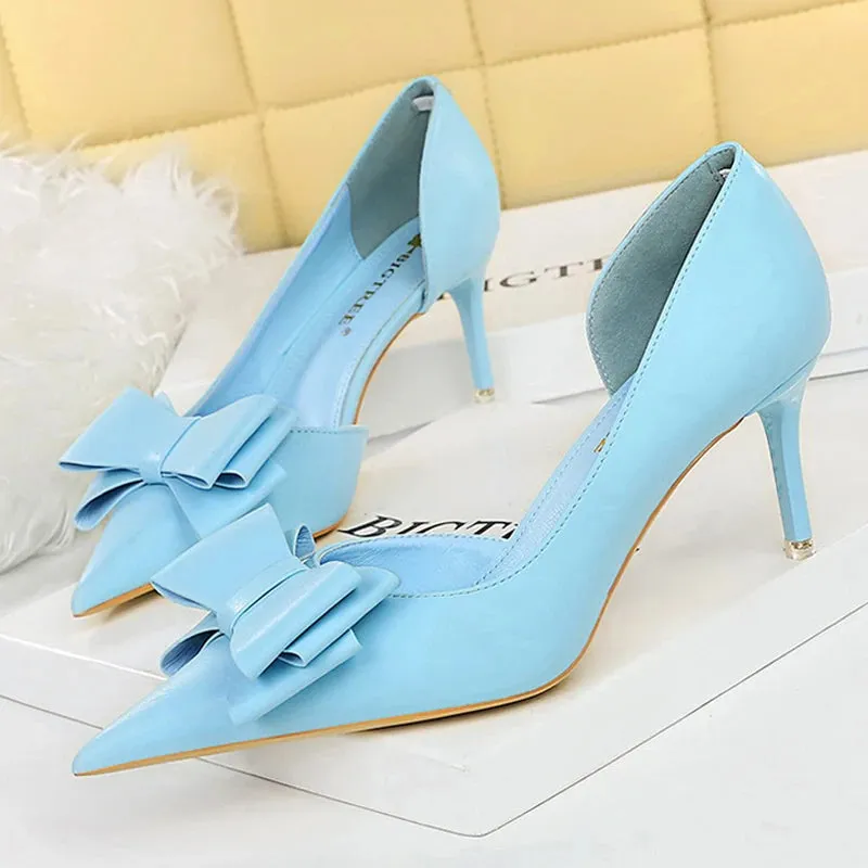 BIGTREE Pu Leather Pointed Toe Kitten Heeled Bowknot High-heeled Shoes