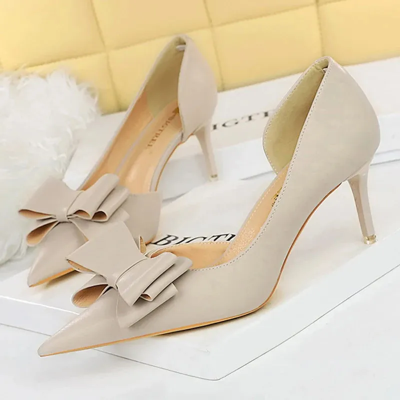 BIGTREE Pu Leather Pointed Toe Kitten Heeled Bowknot High-heeled Shoes