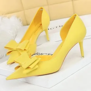 BIGTREE Pu Leather Pointed Toe Kitten Heeled Bowknot High-heeled Shoes