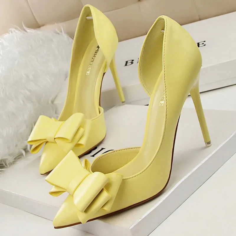 BIGTREE Pu Leather Pointed Toe Kitten Heeled Bowknot High-heeled Shoes