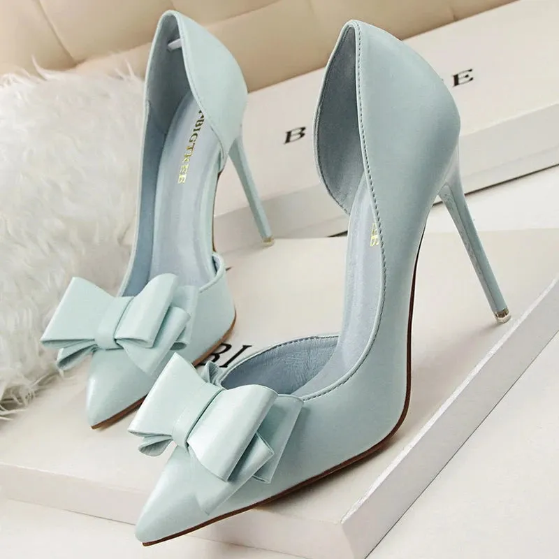 BIGTREE Pu Leather Pointed Toe Kitten Heeled Bowknot High-heeled Shoes