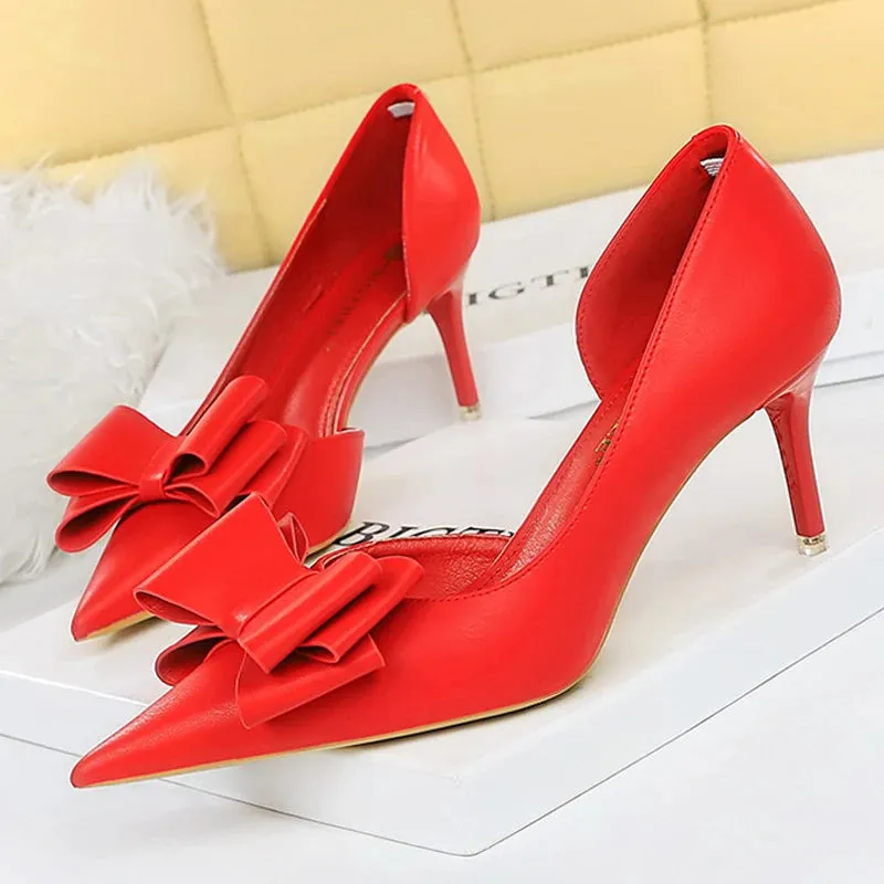 BIGTREE Pu Leather Pointed Toe Kitten Heeled Bowknot High-heeled Shoes