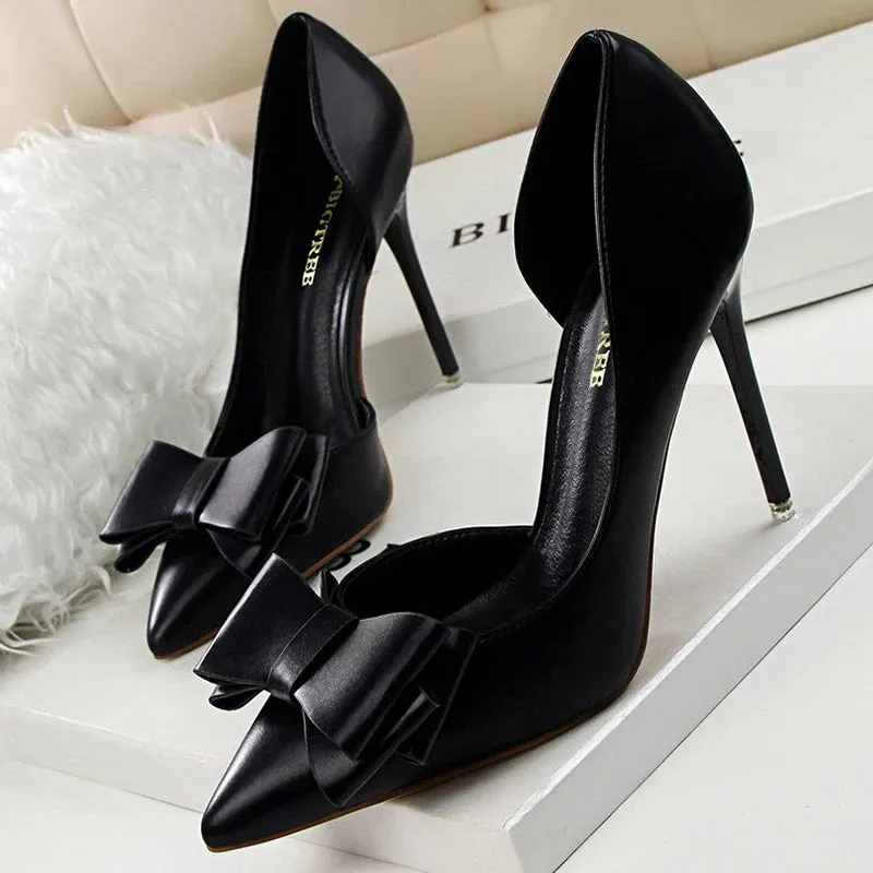 BIGTREE Pu Leather Pointed Toe Kitten Heeled Bowknot High-heeled Shoes