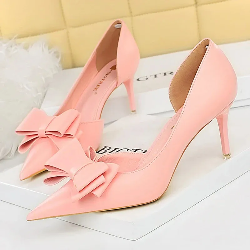BIGTREE Pu Leather Pointed Toe Kitten Heeled Bowknot High-heeled Shoes