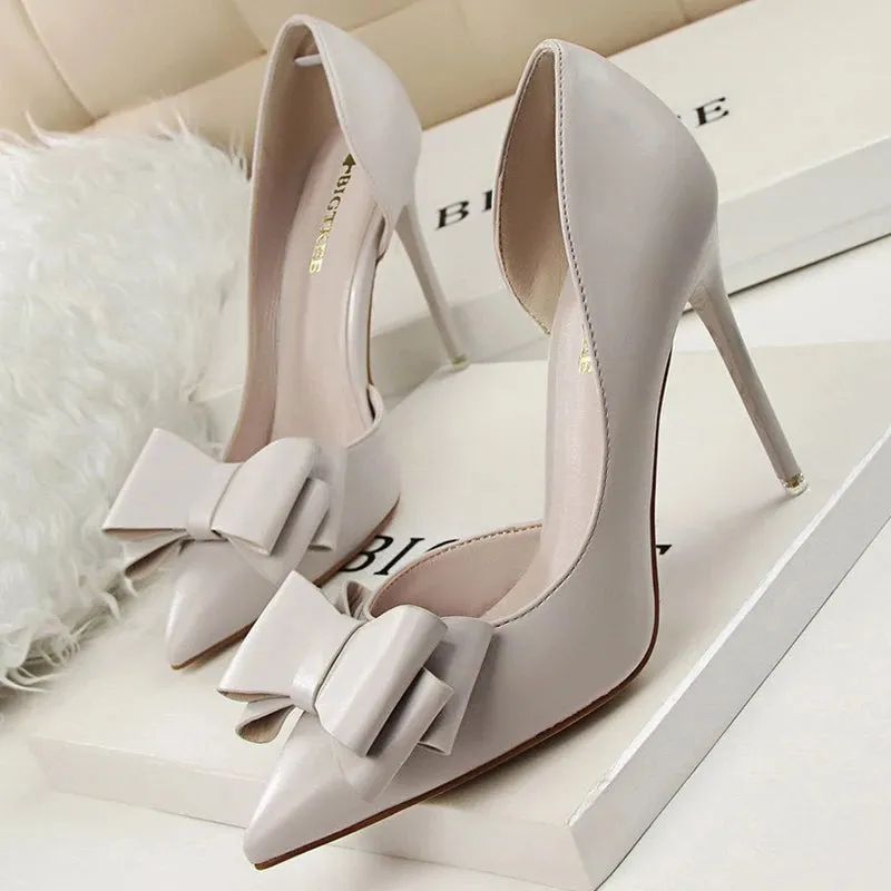 BIGTREE Pu Leather Pointed Toe Kitten Heeled Bowknot High-heeled Shoes