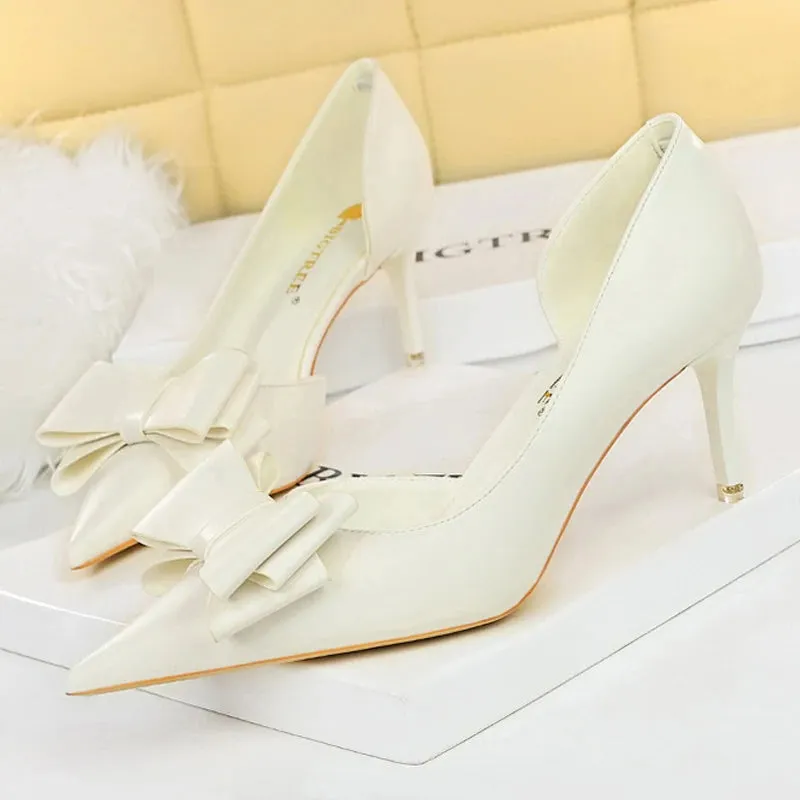 BIGTREE Pu Leather Pointed Toe Kitten Heeled Bowknot High-heeled Shoes