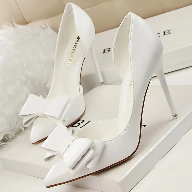 BIGTREE Pu Leather Pointed Toe Kitten Heeled Bowknot High-heeled Shoes