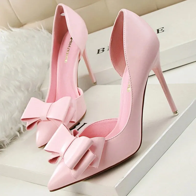 BIGTREE Pu Leather Pointed Toe Kitten Heeled Bowknot High-heeled Shoes