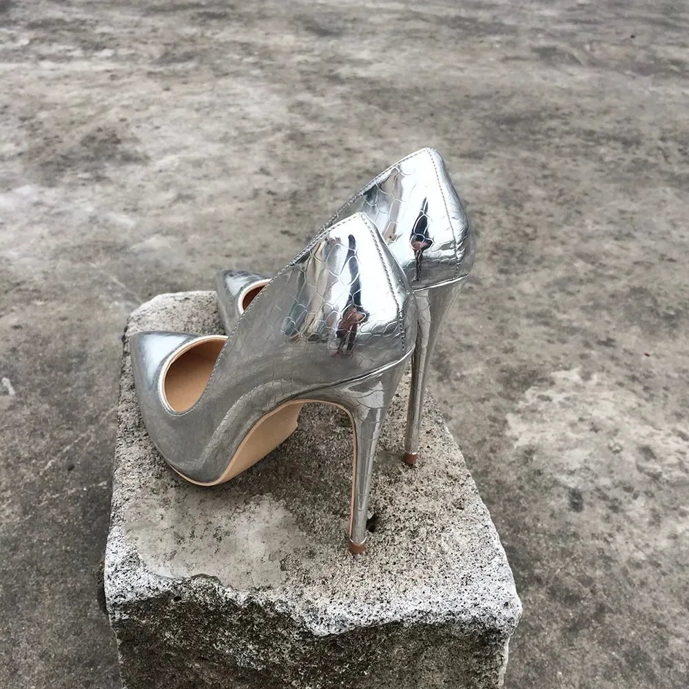 binfenxie Shiny Sexy Snakeskin Pattern Extreme High Heels Stiletto Pointed Toe Party Bridal Pumps Wedding Bride Shoes Silver Gold