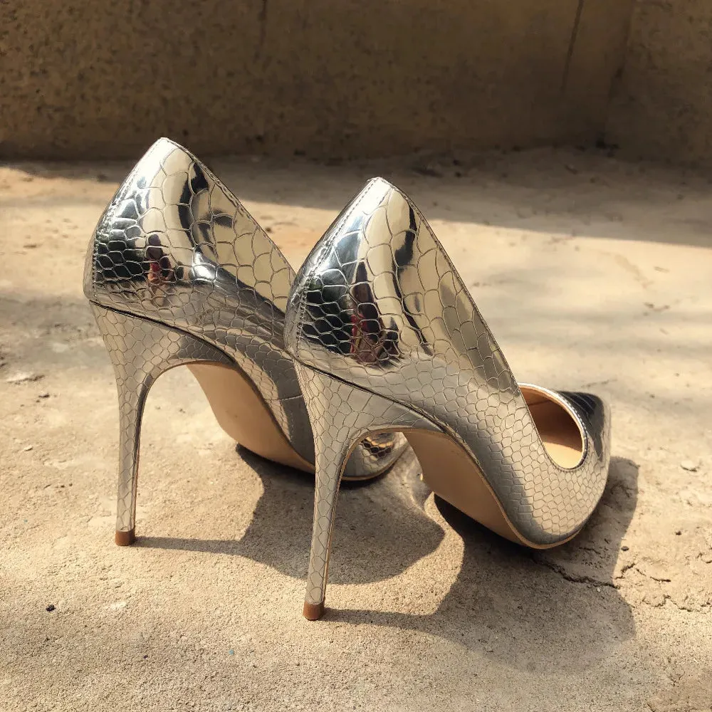 binfenxie Shiny Sexy Snakeskin Pattern Extreme High Heels Stiletto Pointed Toe Party Bridal Pumps Wedding Bride Shoes Silver Gold