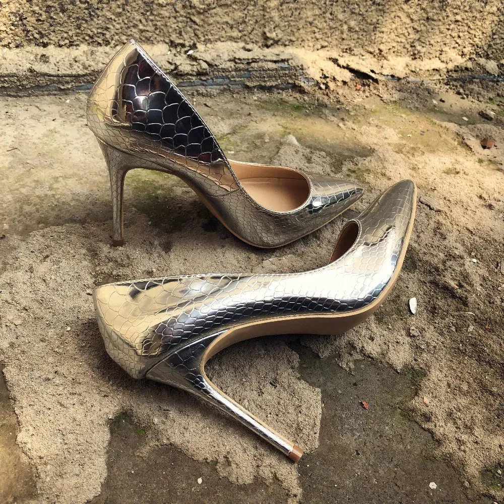 binfenxie Shiny Sexy Snakeskin Pattern Extreme High Heels Stiletto Pointed Toe Party Bridal Pumps Wedding Bride Shoes Silver Gold