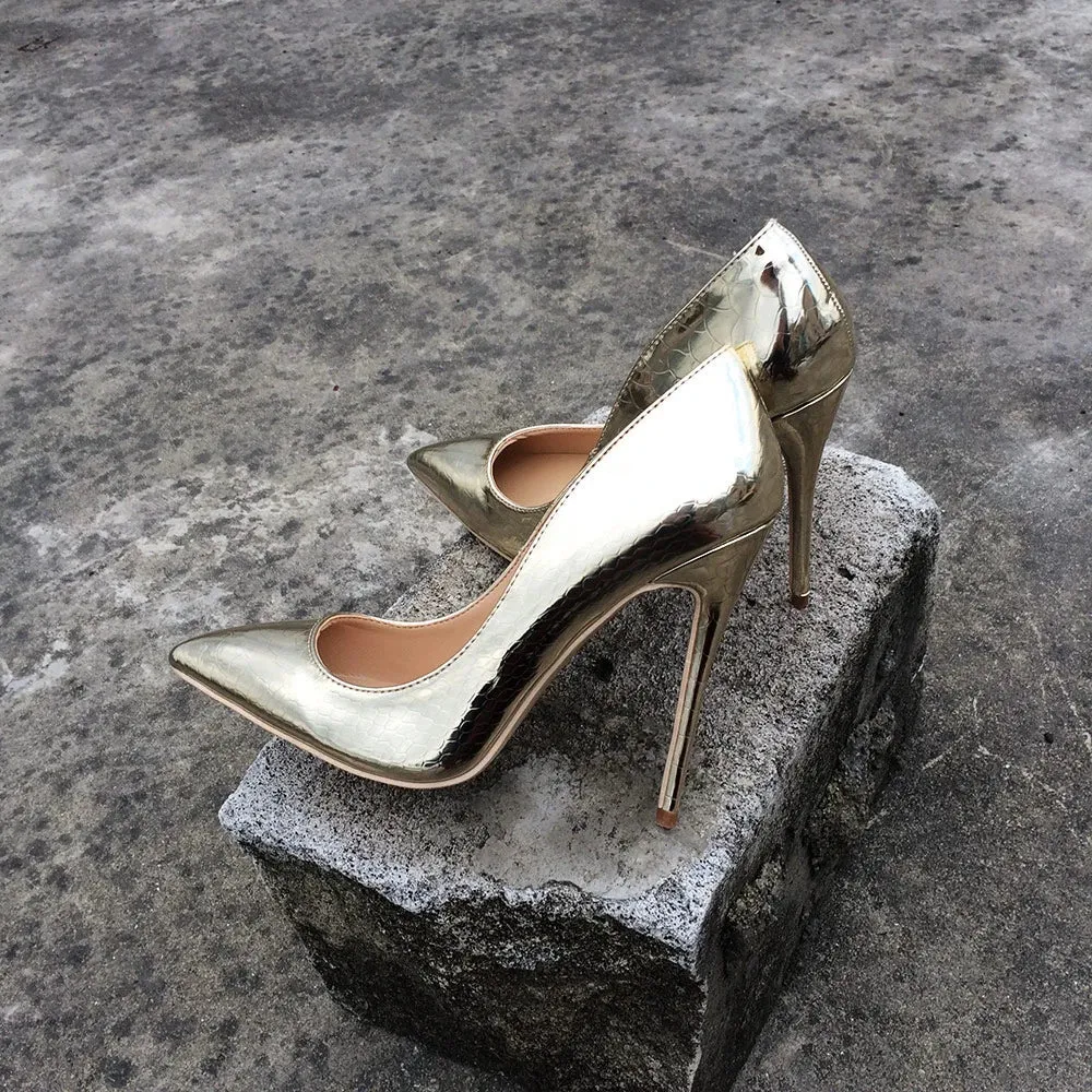 binfenxie Shiny Sexy Snakeskin Pattern Extreme High Heels Stiletto Pointed Toe Party Bridal Pumps Wedding Bride Shoes Silver Gold
