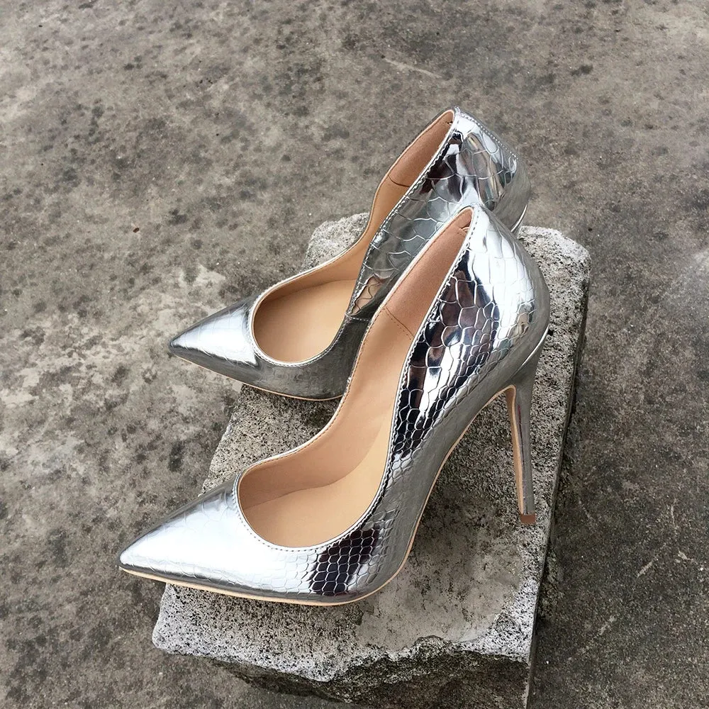 binfenxie Shiny Sexy Snakeskin Pattern Extreme High Heels Stiletto Pointed Toe Party Bridal Pumps Wedding Bride Shoes Silver Gold