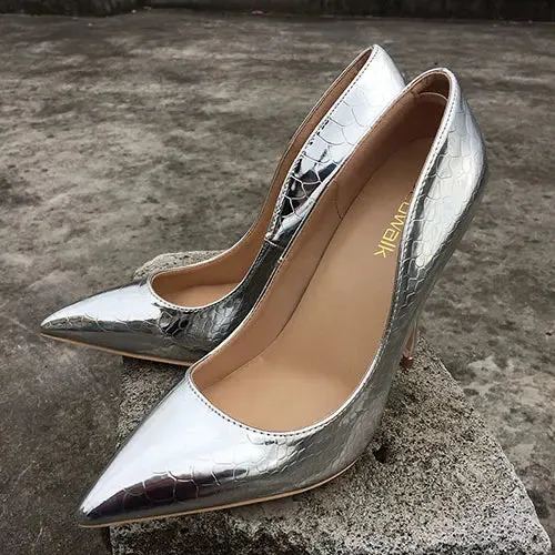 binfenxie Shiny Sexy Snakeskin Pattern Extreme High Heels Stiletto Pointed Toe Party Bridal Pumps Wedding Bride Shoes Silver Gold
