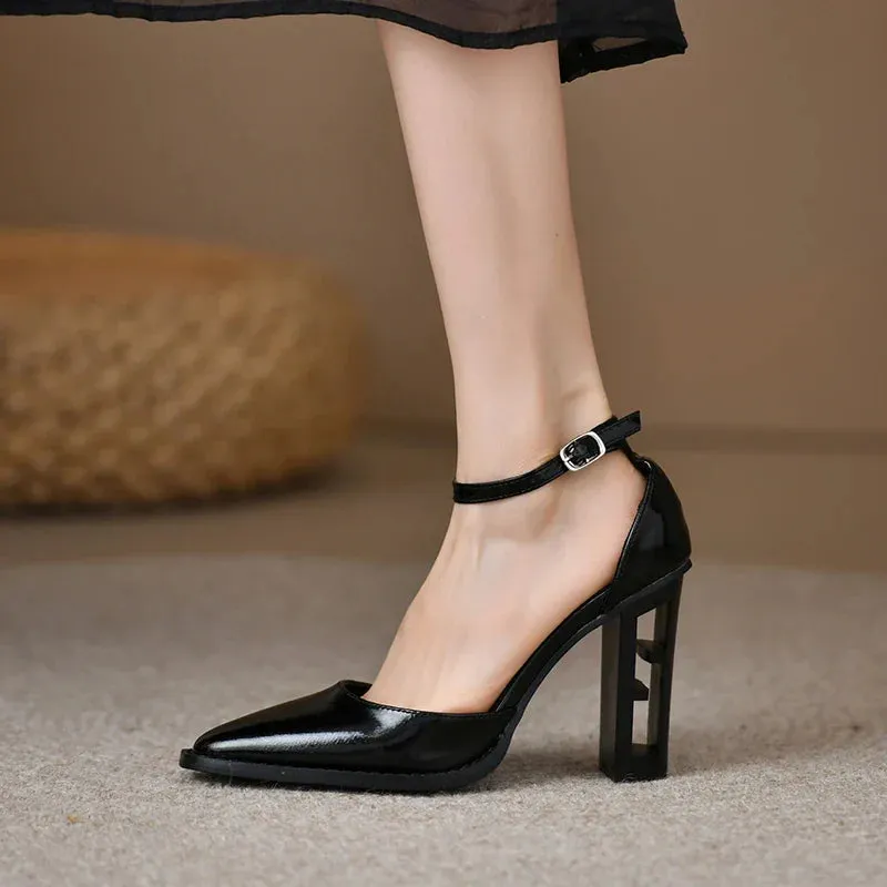 binfenxie Women's Pumps Vintage Pointed Toe Chunky Heel Strange Style Lattice Hollow High Heels Party Leather Shoes Plus Size 43