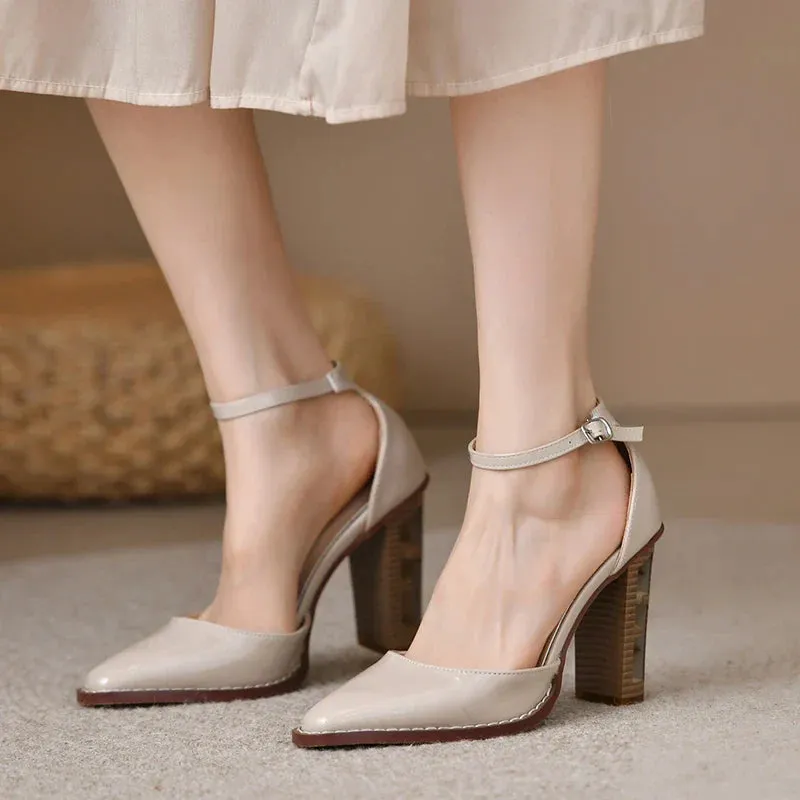 binfenxie Women's Pumps Vintage Pointed Toe Chunky Heel Strange Style Lattice Hollow High Heels Party Leather Shoes Plus Size 43