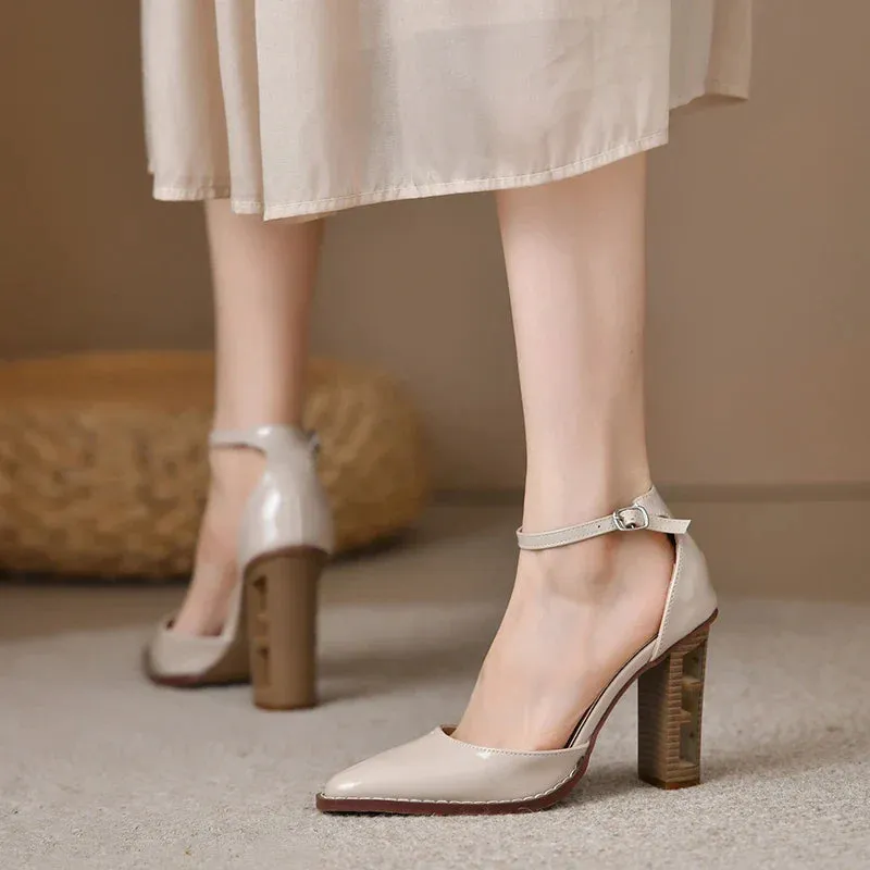 binfenxie Women's Pumps Vintage Pointed Toe Chunky Heel Strange Style Lattice Hollow High Heels Party Leather Shoes Plus Size 43