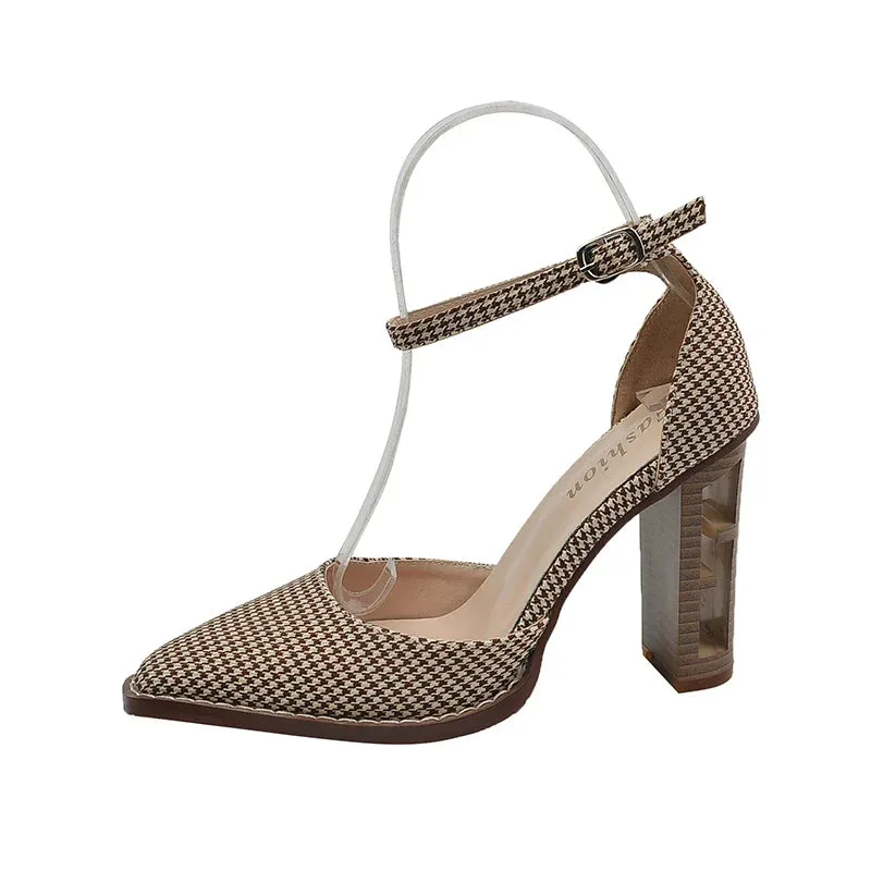 binfenxie Women's Pumps Vintage Pointed Toe Chunky Heel Strange Style Lattice Hollow High Heels Party Leather Shoes Plus Size 43