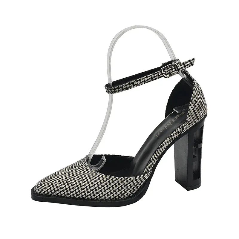 binfenxie Women's Pumps Vintage Pointed Toe Chunky Heel Strange Style Lattice Hollow High Heels Party Leather Shoes Plus Size 43
