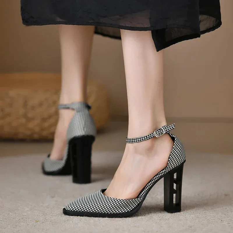 binfenxie Women's Pumps Vintage Pointed Toe Chunky Heel Strange Style Lattice Hollow High Heels Party Leather Shoes Plus Size 43