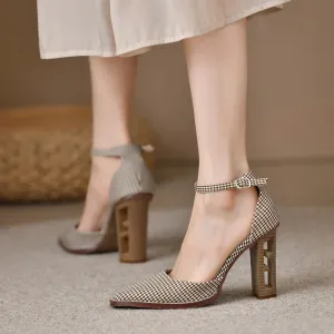 binfenxie Women's Pumps Vintage Pointed Toe Chunky Heel Strange Style Lattice Hollow High Heels Party Leather Shoes Plus Size 43