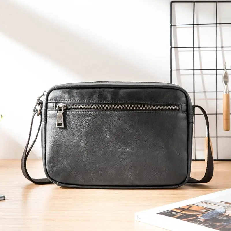 Black Cool Leather Mens Courier bag 10 inches Dark Green Side Bags Messenger Bags for Men