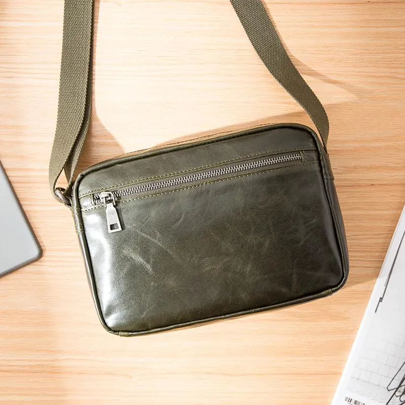 Black Cool Leather Mens Courier bag 10 inches Dark Green Side Bags Messenger Bags for Men