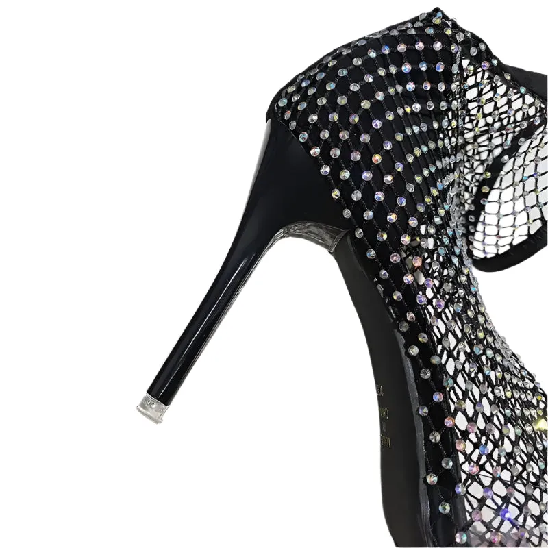 Bling Rhinestone Mesh Pointed Toe Stiletto Sandals – Women's Crystal Ankle Boots High Heels for Summer