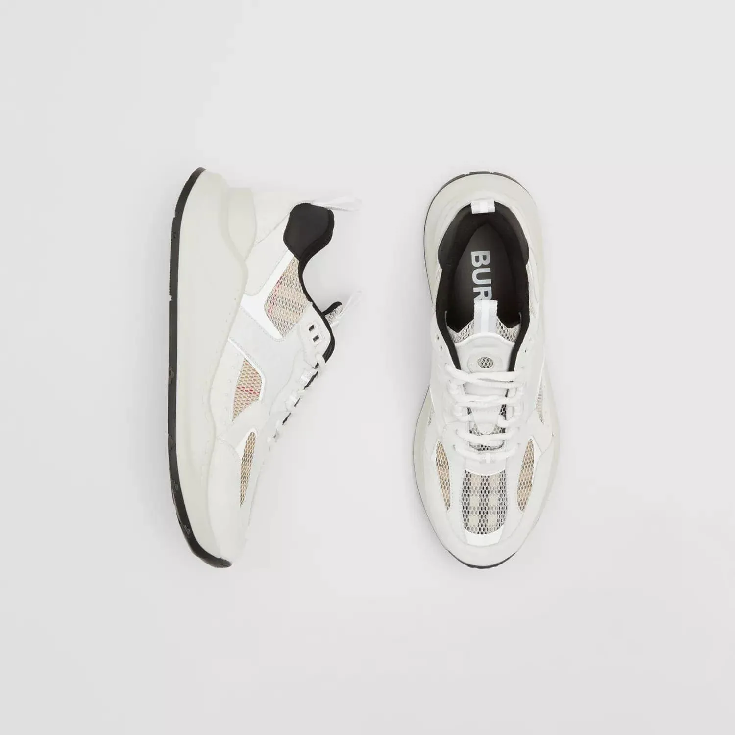 BURBERRY LOGO PRINT LEATHER, SUEDE AND CHECK MESH SNEAKERS