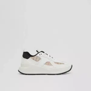 BURBERRY LOGO PRINT LEATHER, SUEDE AND CHECK MESH SNEAKERS