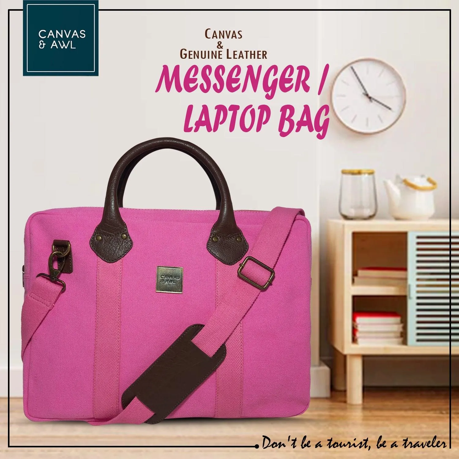 CANVAS & AWL Canvas and Genuine Leather Trim Unisex Laptop Messenger Bag, Travel Crossbody Bag (Pink)
