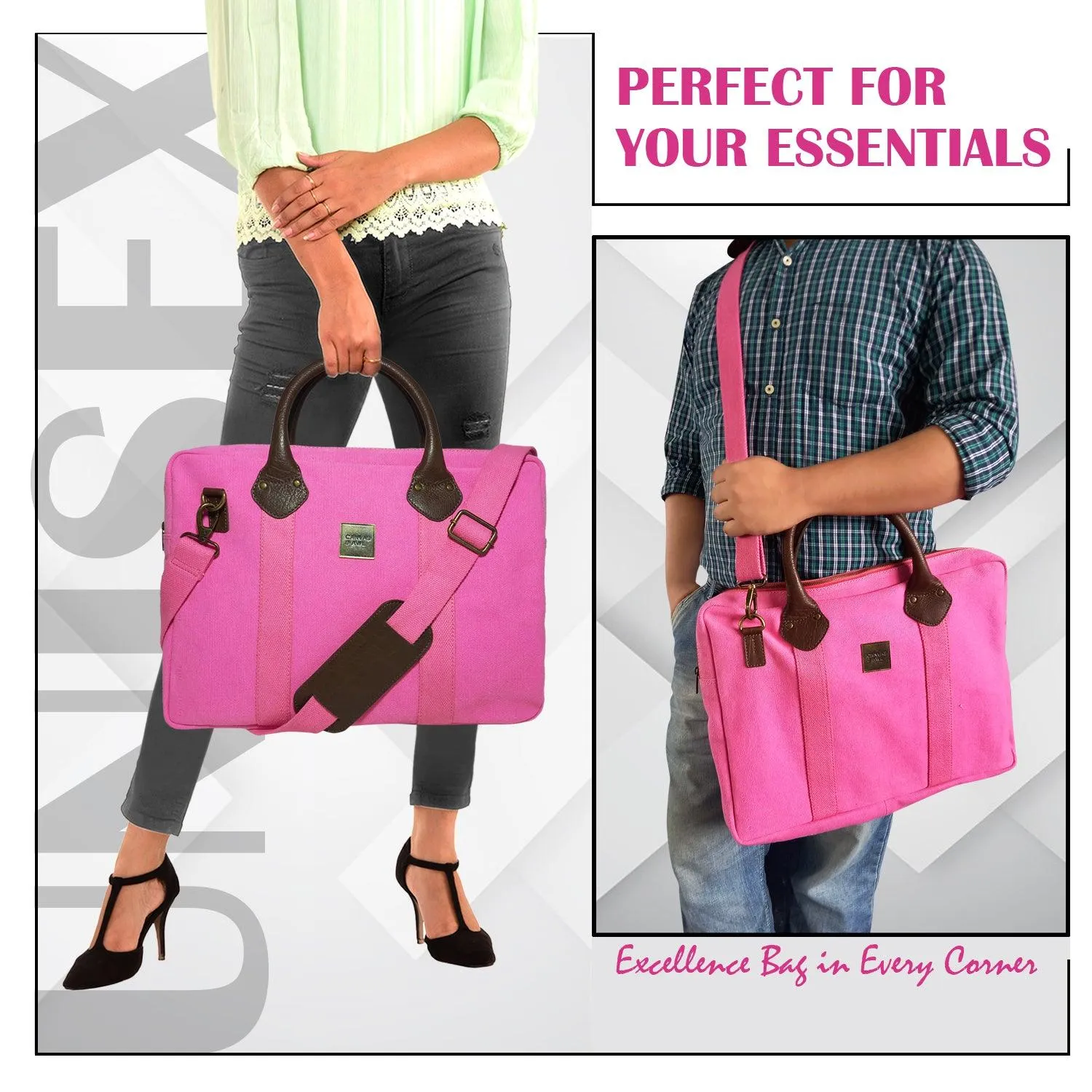 CANVAS & AWL Canvas and Genuine Leather Trim Unisex Laptop Messenger Bag, Travel Crossbody Bag (Pink)