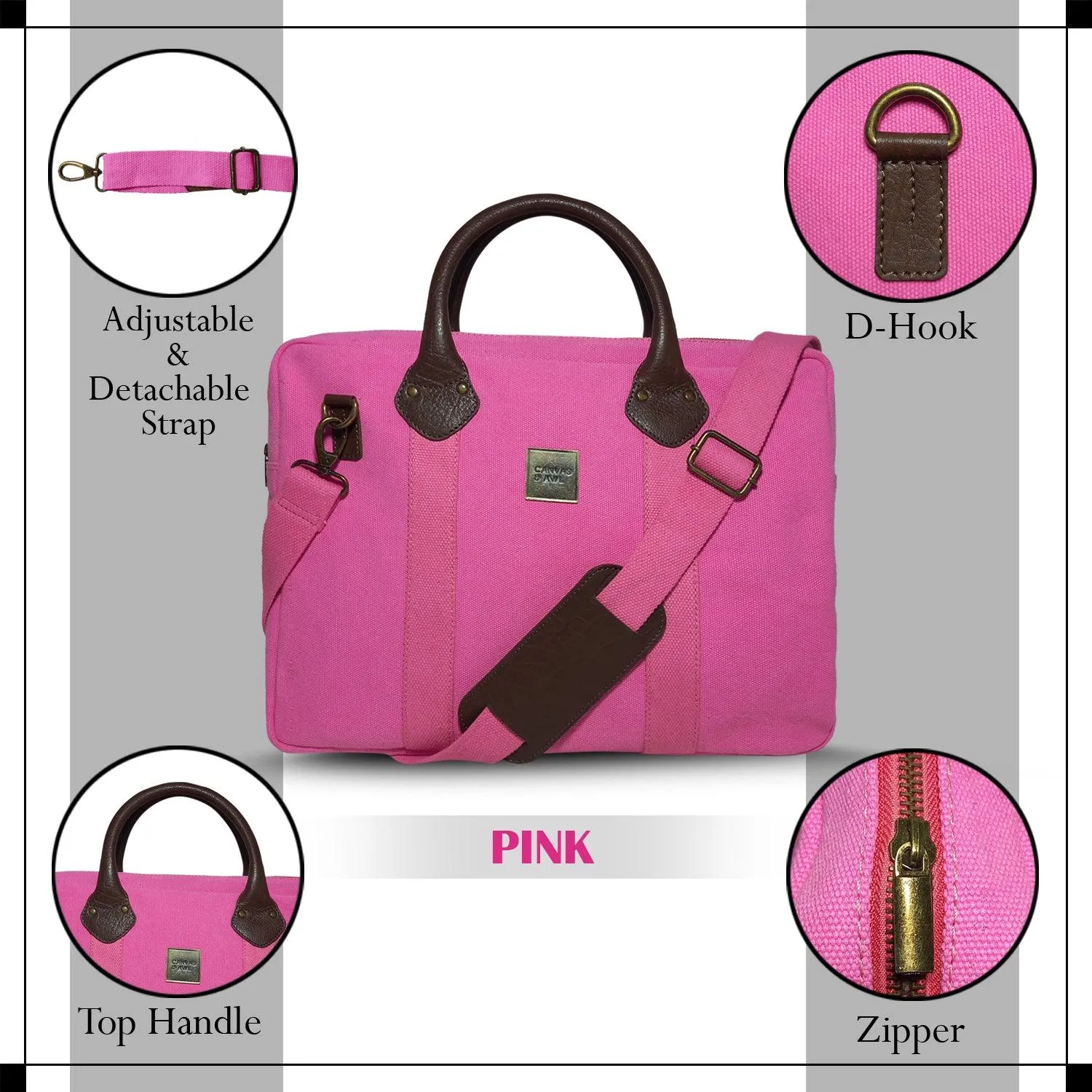 CANVAS & AWL Canvas and Genuine Leather Trim Unisex Laptop Messenger Bag, Travel Crossbody Bag (Pink)