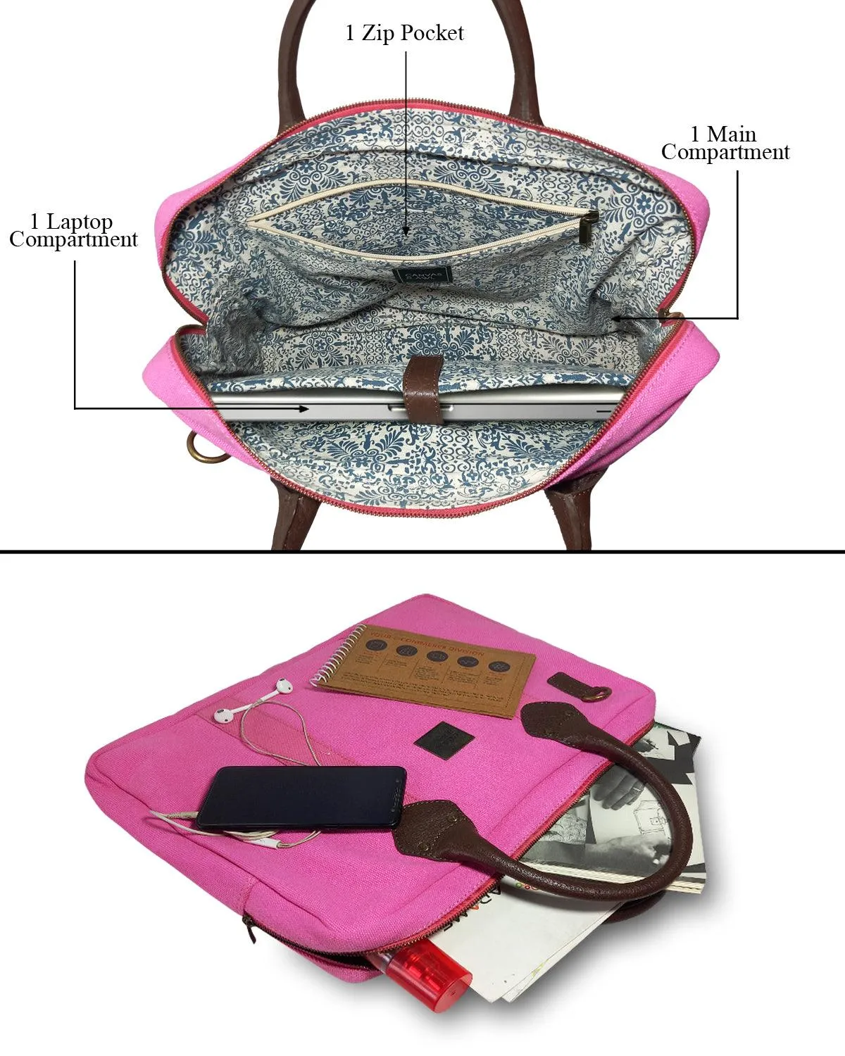CANVAS & AWL Canvas and Genuine Leather Trim Unisex Laptop Messenger Bag, Travel Crossbody Bag (Pink)