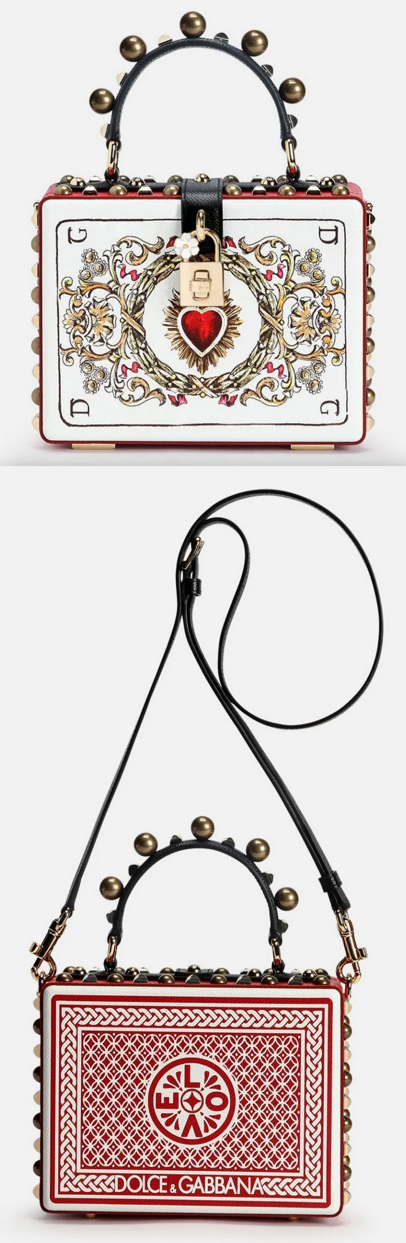 Card Print Leather Box Bag with Appliques