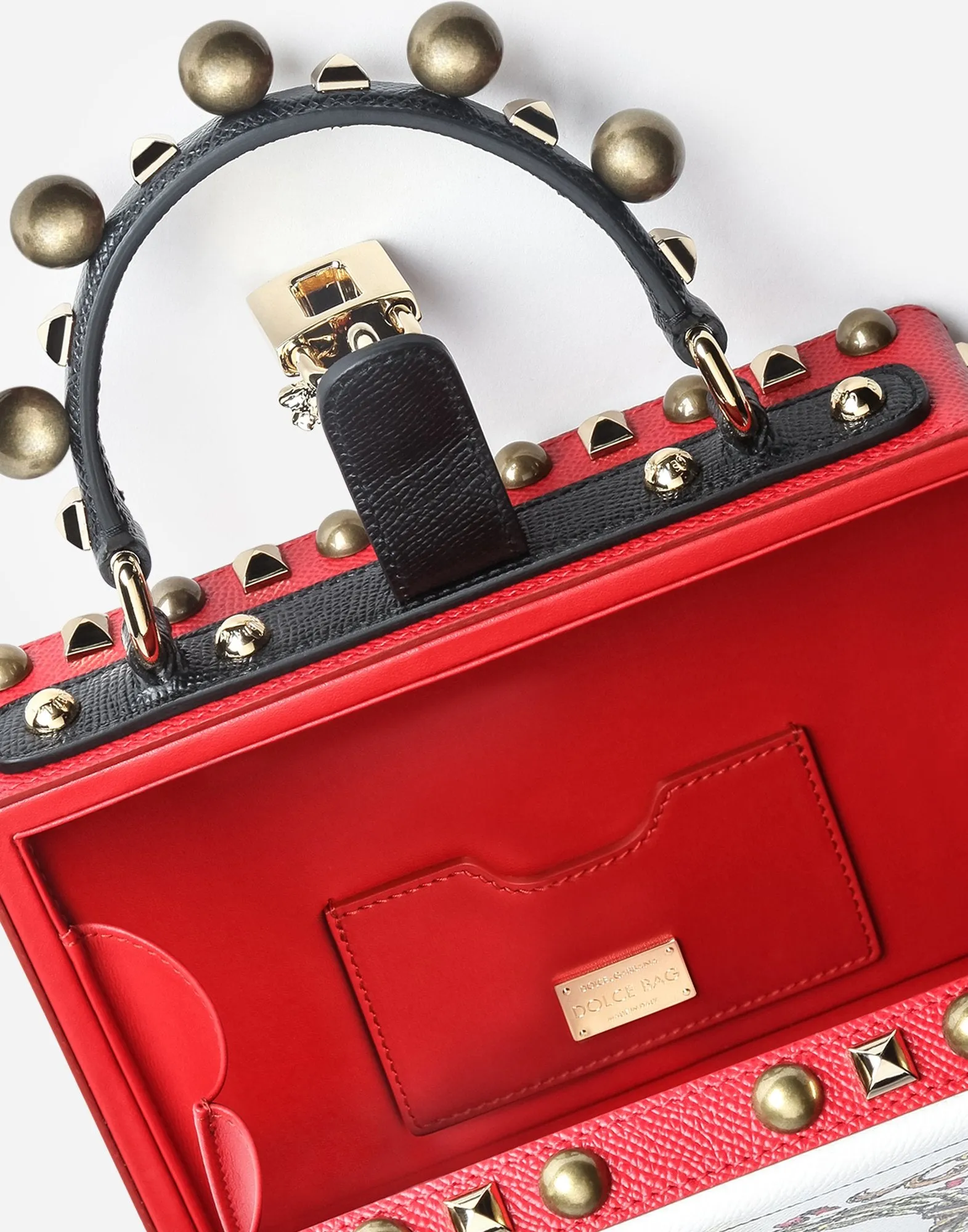 Card Print Leather Box Bag with Appliques