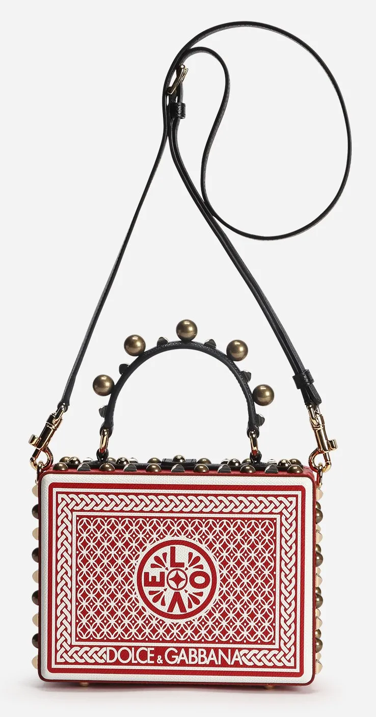 Card Print Leather Box Bag with Appliques
