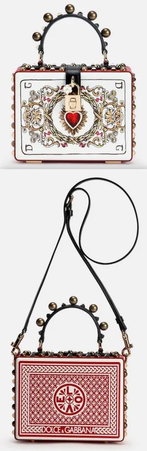 Card Print Leather Box Bag with Appliques