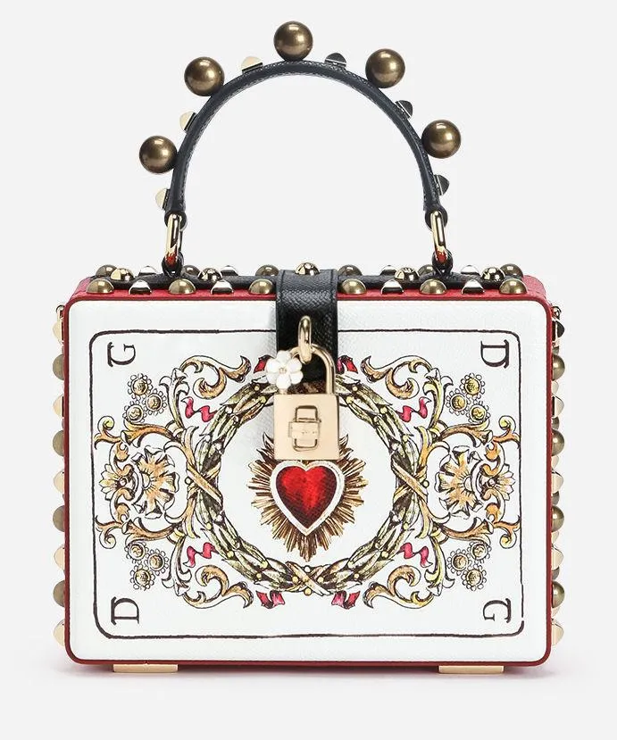 Card Print Leather Box Bag with Appliques
